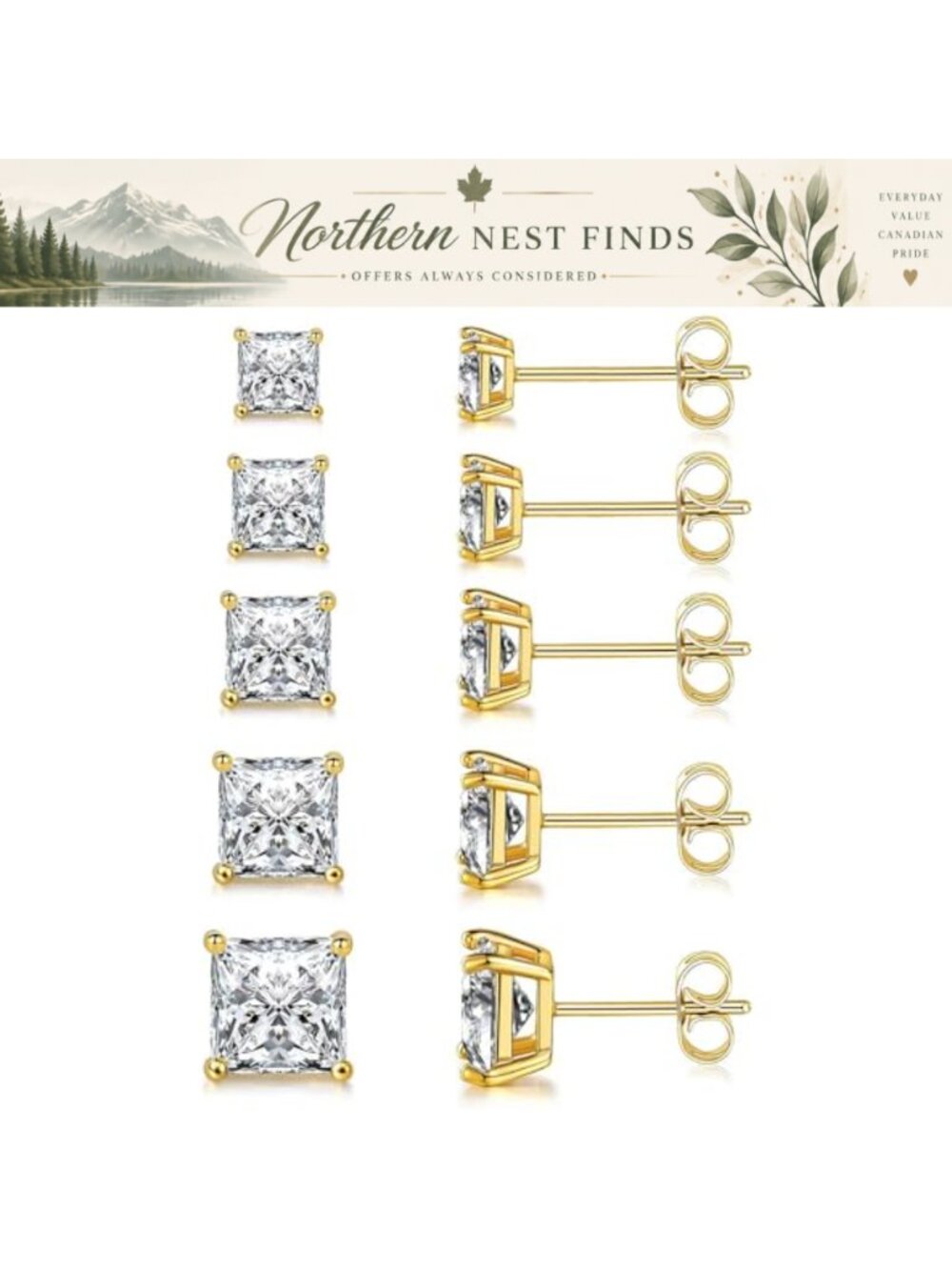 18K Gold Plated Cubic Zirconia Princess Cut Stud Earrings Set 5 Pairs